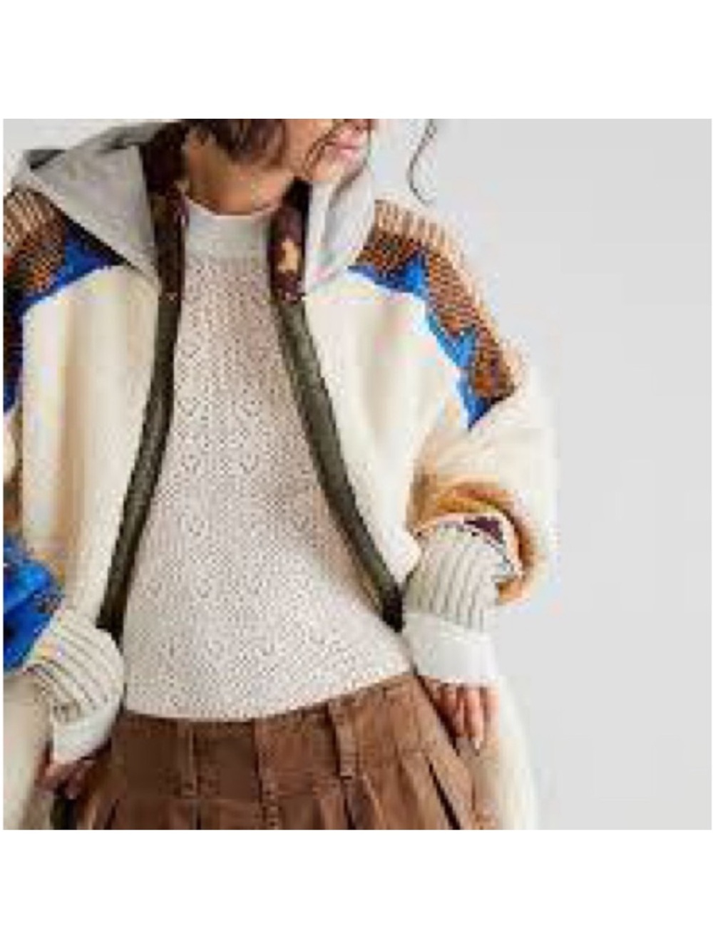 Free people women’s Cream Sherpa Zip-Up Jacket with Patterned Sleeves size S - Picture 2 of 9